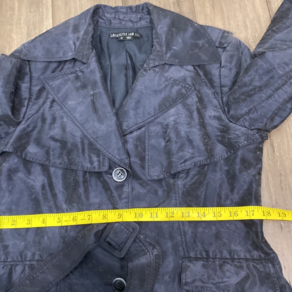 Lafayette 148 New York 100% Silk Cropped Trench Coat blue black - Picture 9 of 9